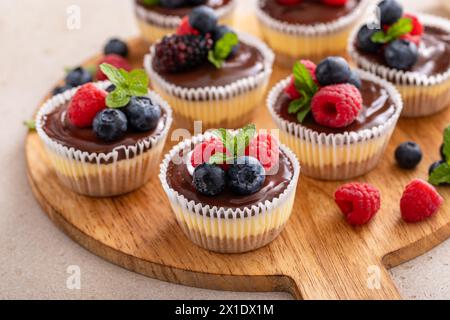 New Yorker Mini-Vanilla-Käsekuchen in einer Muffinpfanne mit Schokoladenganache serviert mit frischen Beeren Stockfoto