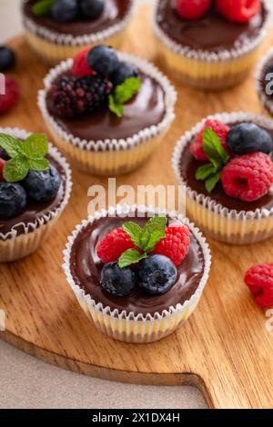 New Yorker Mini-Vanilla-Käsekuchen in einer Muffinpfanne mit Schokoladenganache serviert mit frischen Beeren Stockfoto