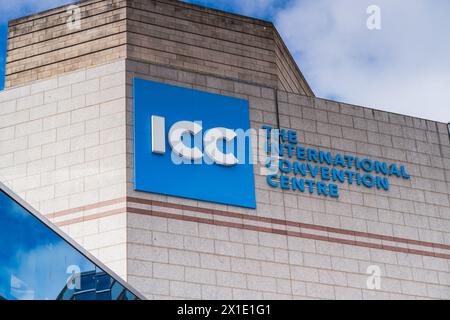 Birmingham, Großbritannien 16. April 2024: Außenbeschilderung des ICC, International Convention Centre an der Broad Street, Birmingham UK Stockfoto