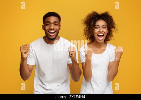 afroamerikanische Partner freuen sich über Erfolg, ballen Fäuste und rufen aus Stockfoto