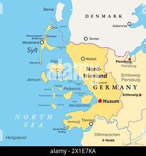 Nordfriesland oder Nordfriesland, politische Karte. Nördlichster Landkreis Deutschlands, Teil von Schleswig-Holstein, mit Hauptstadt Husum. Stockfoto