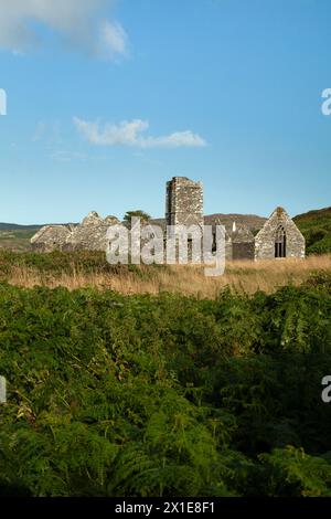 Abbey auf Sherkin Island mit Baltimore Leuchtfeuer im Hintergrund, am Wild Atlantic Way in West Cork in Irland Europa Stockfoto