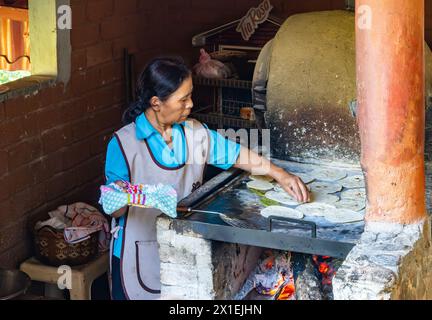 Eine alte Frau, die Maistortilla auf einem traditionellen, flachen Herd kocht. Oaxaca, Mexiko. Stockfoto