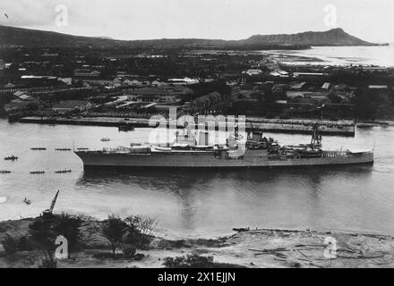 Ankunft von Präsident Franklin D. Roosevelt, USS Houston, in Honolulu, Territorium von Hawaii CA. Juli 1934 Stockfoto