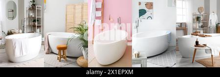 Gruppe von Badezimmern mit Keramikbadewanne Stockfoto