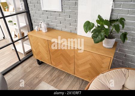 Sideboard aus Holz mit Zimmerpflanzen und Einrichtung im modernen Wohnzimmer Stockfoto