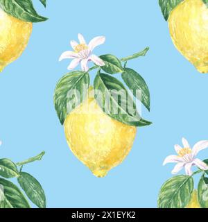 Zitrone mit Blumen und grünen Blättern nahtloses Aquarellmuster auf blauem Hintergrund, handbemalt im botanischen Stil, für Textil, Tapetendesign Stockfoto