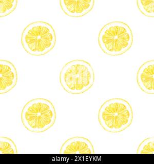 Zitronenscheiben nahtloses Muster auf weißem Hintergrund, handgemalt im botanischen Stil, für Textilien, Tapeten, Menüdesign. Gelber Kreis Stockfoto