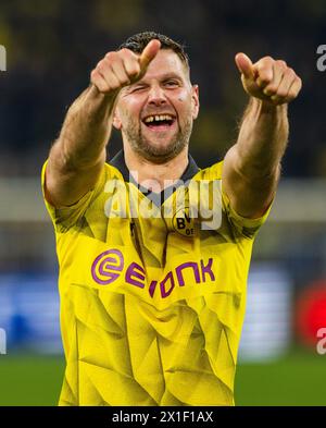 Dortmund Deutschland. April 2024. Schlussjubel: Niclas Füllkrug (BVB) Borussia Dortmund - Atletico Madrid 16.04.2024 Copyright (nur für journalistische Zwecke) von: Moritz Müller, Wilhelm-Raabe-Str.18, 40470 Düsseldorf. Tel.: 0211-13954918. MB.: 0176-81034275; Honorar zzgl. 7 % UmSt. + Belegexemplar; Commerzbank, Konto: 3813045, BLZ: 30040000; IBAN: DE49 3004 0000 0381 3045 00; Finanzamt Düsseldorf-Nord, Steuernummer: 105/5193/1677 Stockfoto