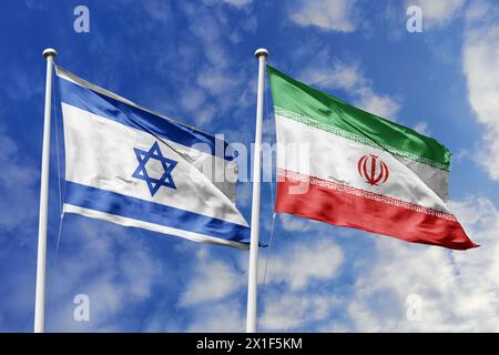 3D-Abbildung. Israel und Iran winken im Himmel. Detailreiche Waving-Flagge. 3D-Rendering. Im Himmel winken. Fahnen flatterten am bewölkten Himmel. Stockfoto