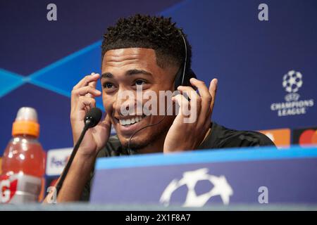 Manchester, Großbritannien. April 2024. Jude Bellingham von Real Madrid CF nimmt am Vorabend des Viertelfinales der UEFA Champions League 2023/2024 im zweiten Legspiel zwischen Manchester City und Real Madrid CF im Etihad Stadium an einer Pressekonferenz Teil. (Foto: Federico Titone/SOPA Images/SIPA USA) Credit: SIPA USA/Alamy Live News Stockfoto