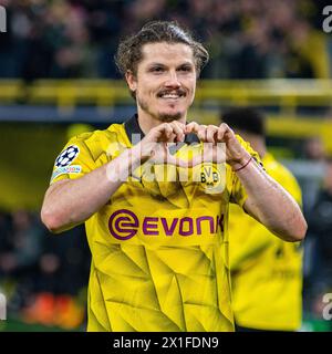 Dortmund, Nordrhein-Westfalen, Deutschland. April 2024. MARCEL SABITZER (20) von Broussia Dortmund feiert nach einem Tor im UEFA Champions League-Spiel zwischen Borussia Dortmund und Atletico Madrid am 16. April 2024 im BVB Stadion Dortmund in Dortmund, Nordrhein-Westfalen. (Kreditbild: © Kai Dambach/ZUMA Press Wire) NUR REDAKTIONELLE VERWENDUNG! Nicht für kommerzielle ZWECKE! Stockfoto