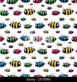 Farbenfrohes nahtloses Bienenmuster. Mehrfarbige Karikaturbiene. Vektorabbildung. Stock Vektor
