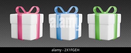 Geschenkboxen mit Bändern, realistische weiße 3D-Schachteln mit bunten Schleifen. Überraschungsgeschenke isoliert auf grauem Hintergrund. Stock Vektor
