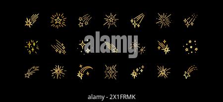 Goldsterne, Meteore, Kometen kritzelnd gesetzt. Handgezeichneter nächtlicher Sternenhimmel. Astrologie, Magie, himmlischer Hintergrund. Von Hand gezeichnete Zeichnung des fallenden Asteroiden. Feiertag Stock Vektor