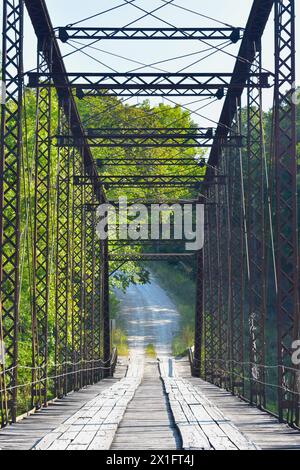 Die William's Bend Bridge, auch bekannt als Rough Holler Bridge, ist eine historische Stahlfachwerkbrücke, die den Fluss Pomme de Terre in der Nähe von Hermitage, Missouri, USA, überspannt. Stockfoto