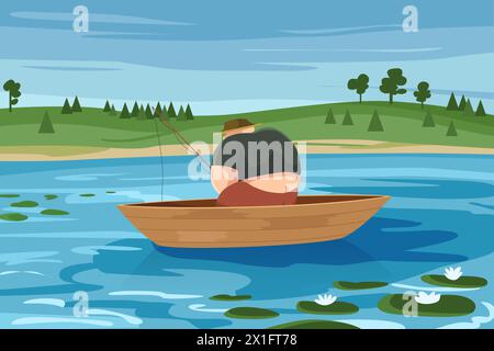 Fischer fischen im See mit Seerosen. Mann mit Hut und Angelrute sitzend mit Rücken in alten Fischern Holzboot Fische im Sommer einfache Naturlandschaft Cartoon Vektor Illustration zu fangen Stock Vektor