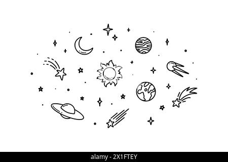 Niedliche Linie Doodle Raum Hintergrund. Kindliche Illustration. Handgezeichnete Planeten, Sonne, Mond, Sterne, Satellit. Saturn-Ringe. Skizze funkeln, starburst, sp Stock Vektor