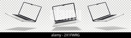 Satz von Vektor schweben oder schweben Laptops mit transparentem Bildschirm isoliert auf transparentem Hintergrund. Perspektive und Vorderansicht mit leerem Bildschirm. Stock Vektor