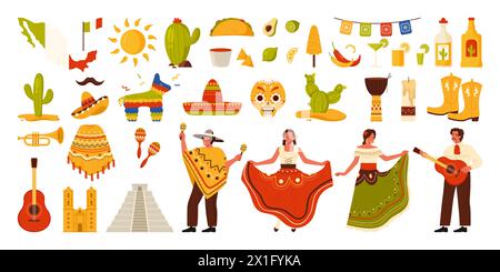 Reise nach Mexiko Set. Mexikanisches Essen und Karneval Party Aufkleber Sammlung, Symbole der Feiertage, Latino Gitarre und Sombrero, Poncho mit hellen Ornament und Maracas Cartoon Vektor Illustration Stock Vektor