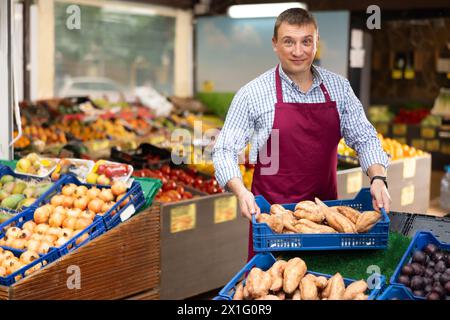 Verkäufer legt Plastikkiste mit Süßkartoffeln auf Obst- und Gemüseständer Stockfoto