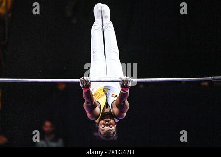 Noah Kuavita (Belgien). Europameisterschaften München 2022: Kunstturnen, horizontale Barfinale für Herren Stockfoto