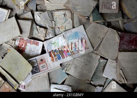 Impressionen aus der Stadt Pripyat, eine Geisterstadt in der Entfremdungszone in der Nähe des Kernkraftwerks Tschernobyl in der nördlichen Ukraine am 22. März 2011. Pripyat wurde 1970 gegründet, um Arbeiter für das nahe gelegene Kernkraftwerk Tschernobyl zu unterbringen, wurde aber 1986 nach der Katastrophe von Tschernobyl aufgegeben. Heute wurden die Hauptstraßen der Stadt dekontaminiert und es wurde zu einer Touristenattraktion. Im Bild: Verlassenes Gebäude im Bild: Ehemalige Schule. - 20110322 PD8902 - Rechteinfo: Rechte verwaltet (RM) Stockfoto