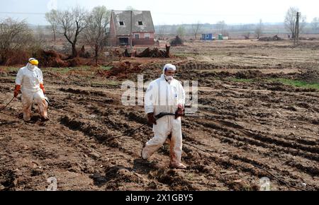 Eindrücke von Kolontar in Ungarn, ein halbes Jahr nach dem Ajka-Alumina-Schlamm, aufgenommen am 5. April 2011. Der Industrieunfall war eine der schlimmsten Umweltkatastrophen, bei dem der Staudamm eines Stausees zusammenbrach und rund 700.000 Kubikmeter giftiger Abwässer aus roten Schlammseen über eine Fläche von 40 Quadratkilometern ausliefen. - 20110405 PD3860 - Rechteinfo: Rechte verwaltet (RM) Stockfoto