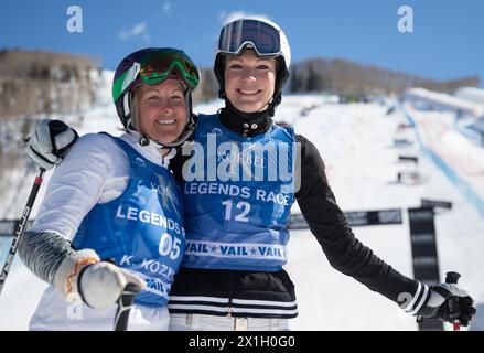 Das Legends of Ski Race fand am 11. Februar 2015 in Vail, USA, statt. Im Bild: Kristina Koznick, Maria Hoefl-Riesch. - 20150211 PD9590 - Rechteinfo: Rights Managed (RM) Stockfoto