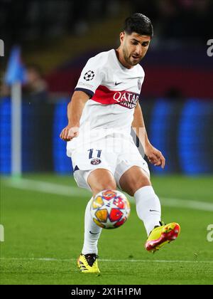 Barcelona, Spanien. April 2024. Während des Spiels der UEFA Champions League, das Viertelfinale, das zweite Leg, spielte der FC Barcelona gegen Paris Saint Germain PSG am 16. April 2024 im Lluis Companys Stadium in Barcelona Spanien. (Foto: Bagu Blanco/PRESSINPHOTO) Credit: PRESSINPHOTO SPORTS AGENCY/Alamy Live News Stockfoto