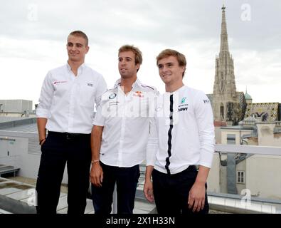 Wien - Pressekonferenz zur Deutschen Tourenwagen-Meisterschaft (DTM) am 29. Juli 2015. Die DTM findet vom 31. Juli bis 2. August auf dem Red Bull Ring in Spielberg statt. BILD: Nico Müller (SUI/Audi), Antonio Felix da Costa (POR/BMW) und Lucas Auer (AUT/Mercedes-Benz) - 20150729 PD1685 - Rechteinfo: Rights Managed (RM) Stockfoto