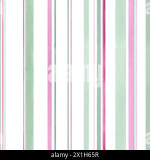 Nahtloses Streifenmuster. Pastellgrün, rosa Farben. Abstrakte vertikale Streifen. Handgezeichnete Pinselstriche. Aquarellillustration für Frühlingstextilien Stockfoto