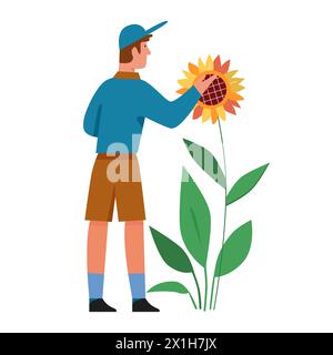 Gärtner Mann mit Sonnenblume. Gartenblumen, Landwirtschaft Hobby flache Vektor-Illustration Stock Vektor