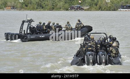 Ein internationales Anti-Terror-Training unter der Leitung der österreichischen Polizei-Sondereinheit COBRA in Wien, Österreich am 21.08.2017. Auf einem 134 Meter langen Donau-Kreuzfahrtschiff (The Viking Cruises) wird eine Geiselnahme mit akuter Terrorgefahr und Hubschraubereinsatz praktiziert. BILD: Soldaten der österreichischen Spezialkräfte COBRA - 20170821 PD1630 - Rechteinfo: Rechte verwaltet (RM) Stockfoto