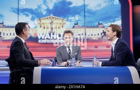 (L-R) Fraktionsvorsitzender Heinz Christian Strache, Anchor Tarek Leitner und österreichischer Außenminister Sebastian kurz vor der Fernsehkonfrontation zwischen Spitzenkandidaten der OeVP und der FPOe für die österreichischen Parlamentswahlen 2017 in Wien, Österreich am 2017.10.10. - 20171010 PD5655 - Rechteinfo: Rechte verwaltet (RM) Stockfoto