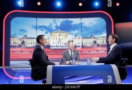 (L-R) Fraktionsvorsitzender Heinz Christian Strache, Anchor Tarek Leitner und österreichischer Außenminister Sebastian kurz vor der Fernsehkonfrontation zwischen Spitzenkandidaten der OeVP und der FPOe für die österreichischen Parlamentswahlen 2017 in Wien, Österreich am 2017.10.10. - 20171010 PD5649 - Rechteinfo: Rechte verwaltet (RM) Stockfoto