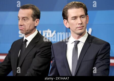 Der österreichische Bundeskanzler und SPOE-Vorsitzende Christian Kern und der österreichische Außenminister und Vorsitzende der Mitte-Rechts-Volkspartei (OeVP) Sebastian kurz nahmen an einer Fernsehdebatte über die österreichischen Parlamentswahlen am 15. Oktober 2017 in Wien Teil. Österreichs konservativer Chef Sebastian kurz schien nach den Parlamentswahlen der jüngste europäische Führer zu werden, mit Prognosen, die ihn vor der Rechtsextremen und den Sozialdemokraten stellten. - 20171015 PD7541 - Rechteinfo: Rechte verwaltet (RM) Stockfoto