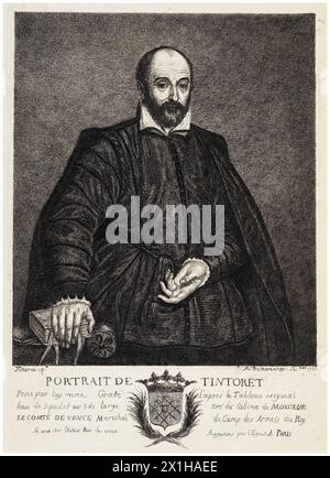 Jacopo Robusti (1518–1594), bekannt als „Tintoretto“, italienischer Maler, Porträtstich von Antoine de Marcenay de Ghuy, 1755 Stockfoto