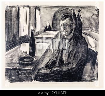 Edvard Munch, Selbstporträt mit Weinflasche, Zeichnung im Linolschnitt auf Papier, 1925-1926 Stockfoto