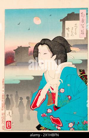 Tsukioka Yoshitoshi, Theaterbezirk Dawn Moon (Shibaimachi no akatsuki), aus der Serie „einhundert Aspekte des Mondes“, Holzschnitt, 1885-1882 Stockfoto