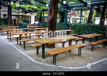 Das Schweizerhaus der Familie Kolarik im Wiener Prater mit Bierkrügen, die am 14. Mai 2020 in Wien fotografiert wurden. Nach der Sperrung nach Ausbruch des neuartigen Coronavirus (COVID-19) und dem Gastronomieverbot werden die Restaurants in Österreich morgen wieder unter Bedingungen geöffnet. - 20200514 PD2147 - Rechteinfo: Rechte verwaltet (RM) Stockfoto