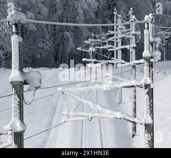 Strommasten, die von Zügen benutzt werden, sind bei Noetsch, Österreich, nach starkem Schneefall am 6. Januar 2022 mit Schnee bedeckt. - 20220106 PD2886 - Rechteinfo: Rechte verwaltet (RM) Stockfoto