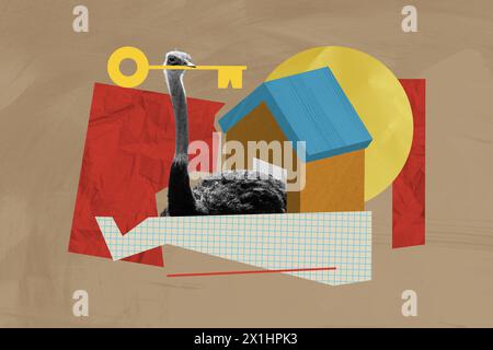Kreatives Collage-Bild wildes Tier Strauß surreales Konzept mit goldenem Schlüssel Haus neue Immobilienverlagerung Settlement Hypotheken Stockfoto