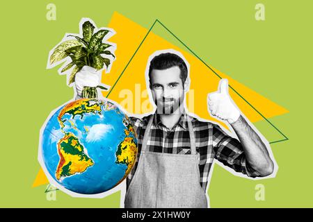 Trendkunstwerk 3D-Fotocollage eines jungen, selbstbewussten Mannes, der in der Hand hält, Pflanzen wachsen in der Erdkugel, zeigen Gesten, Daumenschutz und Umweltschutz Stockfoto