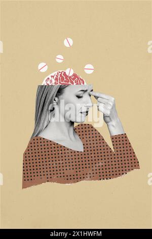 Vertikale Fotocollage von aufgebrachten Mädchen Schnitt Kopf Hirnapathie müde Pillen Therapie Antidepressiva Psychoanalyse isoliert auf gemaltem Hintergrund Stockfoto