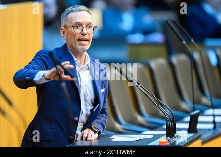 17.04.2024, Wien, AUT, Nationalrat, im Bild Bundesparteiobmann Herbert Kickl (FPÖ) // Bundesparteivorsitzender Herbert Kickl (liberale Partei österreich) während des Nationalrates. Wien, Österreich am 2024.04.17. - 20240417 PD1297 Stockfoto