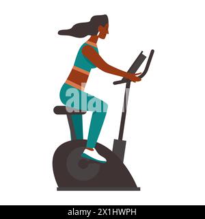 Mädchen auf dem Laufrad. Mädchen mit Sportgeräten, Fitness Gym Zubehör flache Vektor-Illustration Stock Vektor