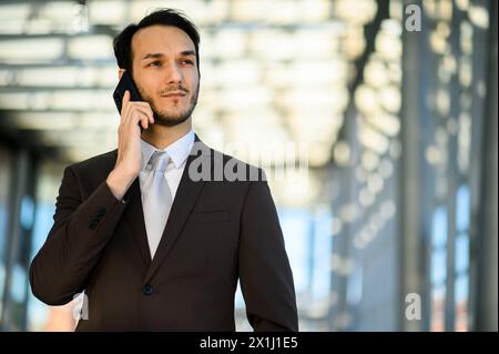 Selbstbewusster junger männlicher Profi, der vor einem Bürogebäude telefoniert Stockfoto