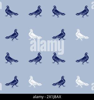 Abstrakte Silhouette eines Taubenvogels in Dunkelblau und weiß in einem einfachen nahtlosen Muster auf grauem Hintergrund. Moderne stilvolle abstrakte Textur. Für Stockfoto
