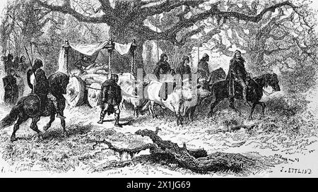 Ein fränkischer Kaiser auf Reisen, Hochmittelalter, historische Illustration 1880 Stockfoto